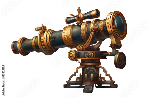 An ornate brass telescope positioned on a wooden tripod, capturing the celestial wonders during a clear night in an open grassy field