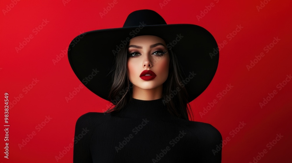 Elegant Woman in Black Hat Against Red Background Elegant Woman in Black Hat Against Red Background