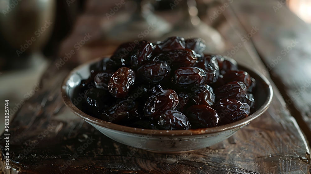 Priceless dried date fruit put on an aged pine table in a glazed bowl Priceless dried date fruit put on an aged pine table in a glazed bowl