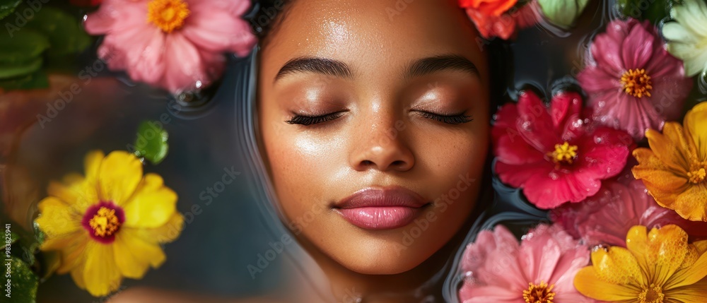 Black woman basking in the soft light of a botanical spa, colorful flowers framing her serene face, joy and tranquility radiating, luxurious relaxation concept