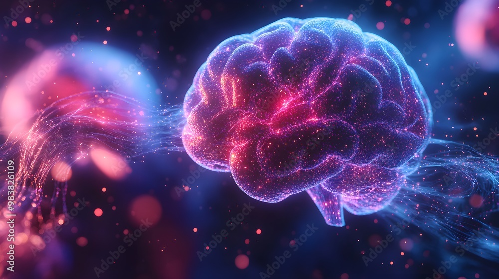 Fototapeta premium Abstract holographic brains connected by vibrant neural waves, representing intellectual connection, futuristic, neon tones, glowing circuit-like details, AI style