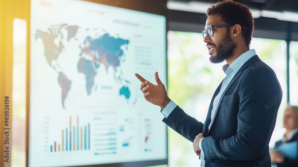 Business professional giving presentation with global data charts in background, focus on leadership and strategic planning Business professional giving presentation with global data charts in background, focus on leadership and strategic planning