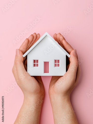 Hands holding a small white house model on a pink background, symbolizing home, protection, and real estate, with a minimalist and soft touch.