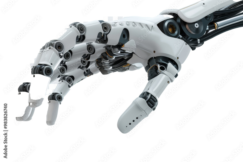 A detailed robotic arm showcasing advanced mechanics and articulation with intricate wiring and tools in a workshop setting A detailed robotic arm showcasing advanced mechanics and articulation with intricate wiring and tools in a workshop setting