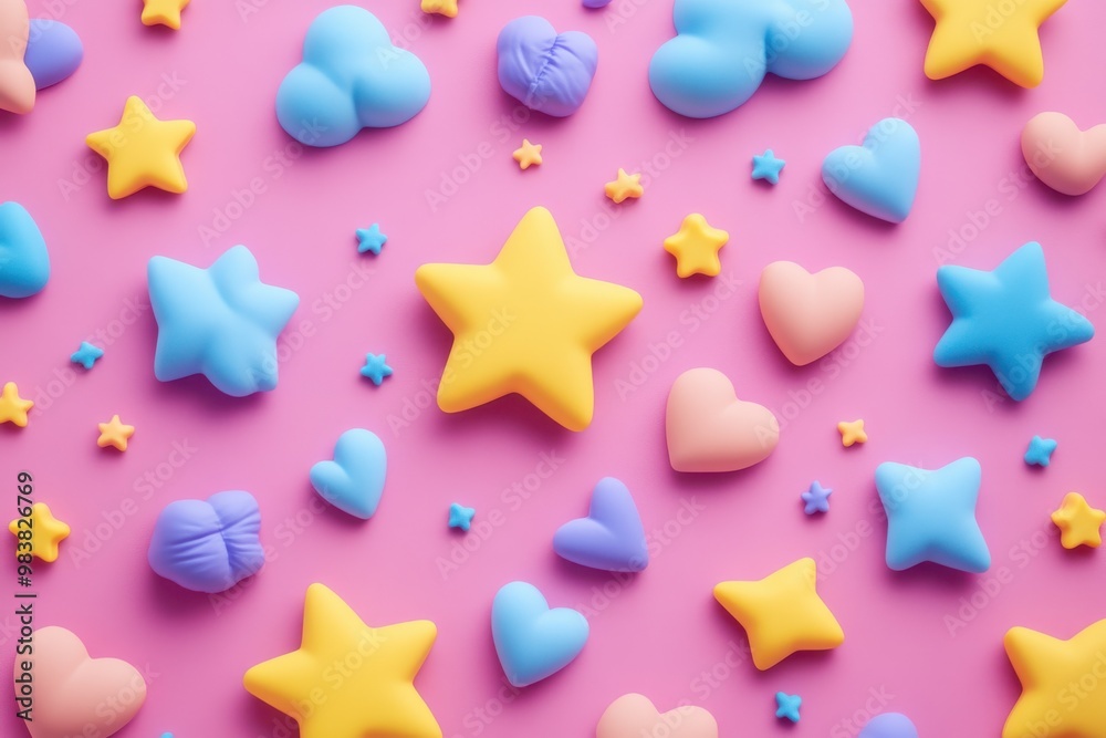 A image with 3D stars and clouds in bright colors A image with 3D stars and clouds in bright colors