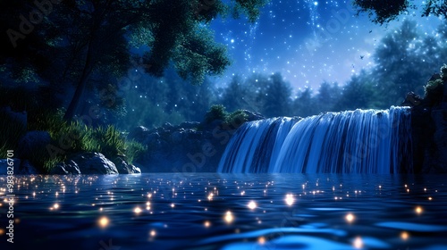 A peaceful minimalist 3D waterfall scene with water cascading softly into a pool as stars twinkle like fireflies in the twilight sky photo