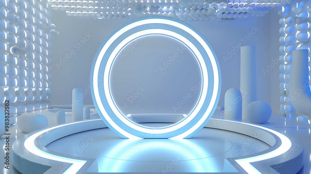 Obraz premium Product circle illumination effect portal stand production scene in the technology room Modern display with white pattern ring