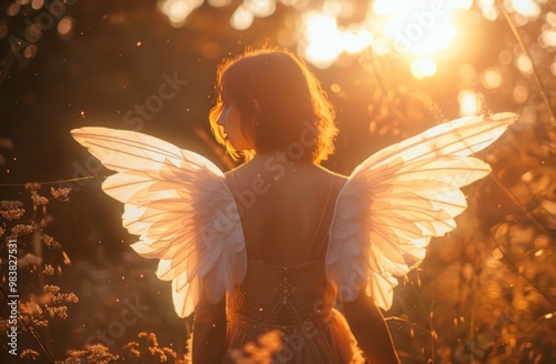 Woman with angel wings standing in a field at sunset.