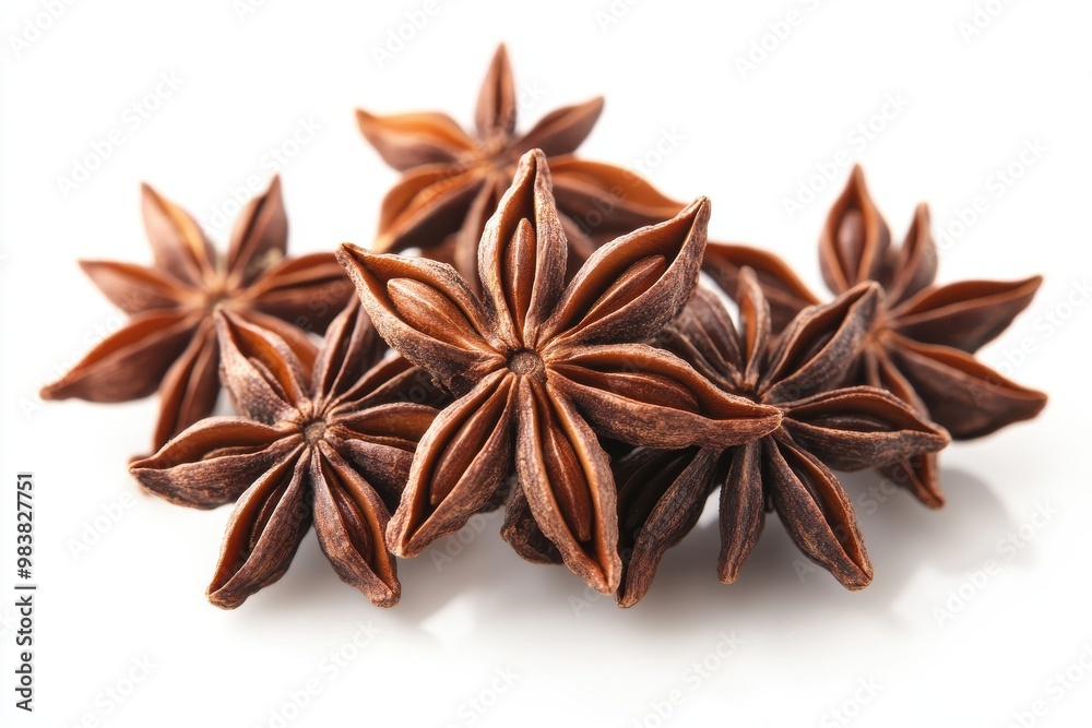 A close-up, high-resolution image of several star anise pods, A close-up, high-resolution image of several star anise pods,