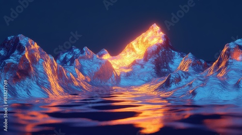 A 3D landscape of glowing mountains made of reflective metal, with liquid light flowing through the valleys. photo