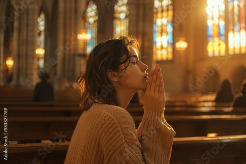 Woman praying in a church with stained glass windows.