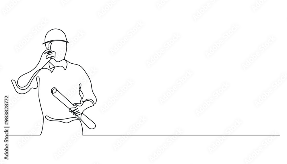 contractor man calling client and bringing roll of paper.single line vector illustration.continuous line.isolated white background contractor man calling client and bringing roll of paper.single line vector illustration.continuous line.isolated white background