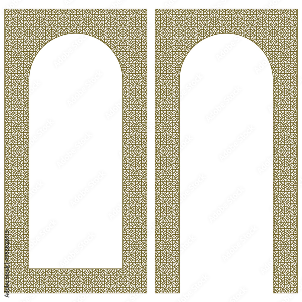 Rectangular frame and arch with traditional Arabic ornament for invitation card.Proportion 2x1.Brown color.
Rectangular frame and arch with traditional Arabic ornament for invitation card.Proportion 2x1.Brown color.