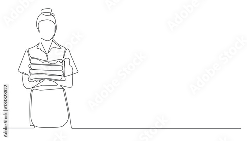 housemaid woman carrying stack of clean towels.single line vector illustration.continuous line.isolated white background