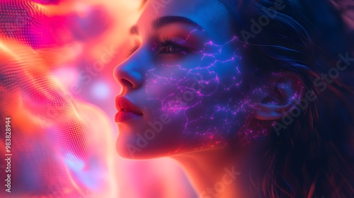 Woman surrounded by radiant psychedelic waves, neural activity displayed via augmented reality, holographic brain scan, futuristic digital art, glowing neon elements, vibrant colors