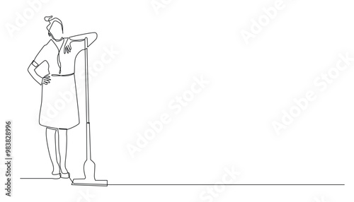 housemaid standing with leaning stick mop.vector illustration one line drawing.continuous line.isolated white background