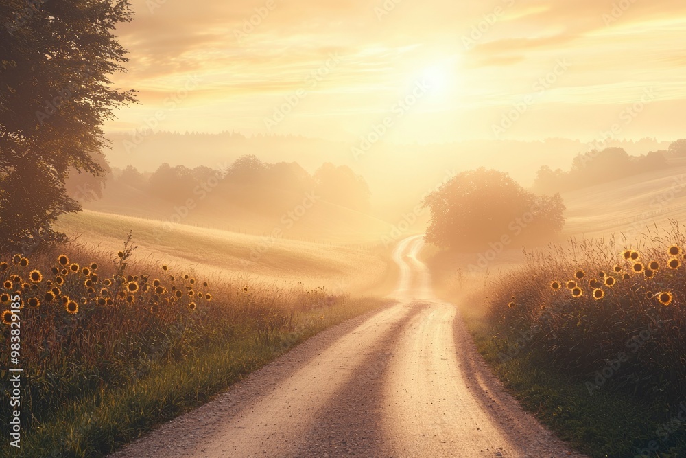 A Sunlit Dirt Road Winding Through a Misty Landscape A Sunlit Dirt Road Winding Through a Misty Landscape