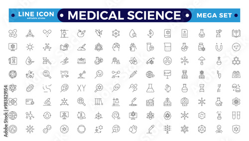 Medical science outline icons collection. Drug testing, scientific discovery disease prevention signs. Medical healthcare, doctor icons. Chemical formula, chemistry. Editable stroke outline icon.

