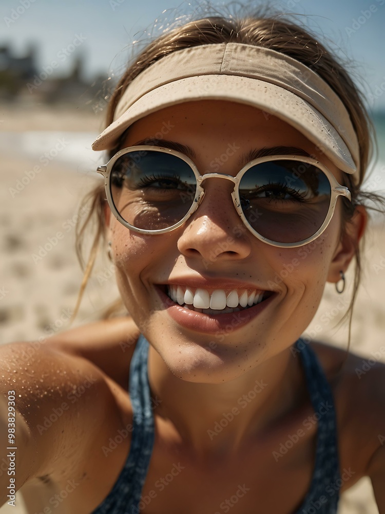 Close-Up of Female Tourist Enjoying Beach Day, Smiling for Selfies Close-Up of Female Tourist Enjoying Beach Day, Smiling for Selfies