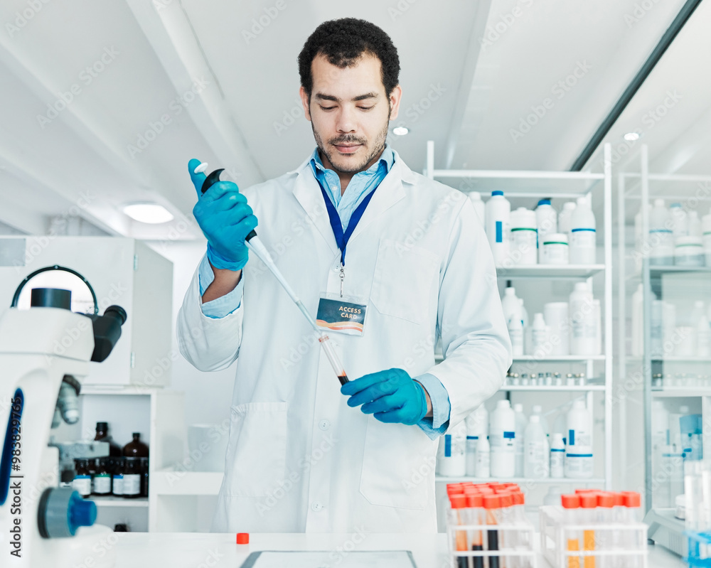 Man, scientist and blood sample in lab for medical analysis, dna experiment and engineering solution. Researcher, red liquid and healthcare of science, bacteria assessment and vaccine investigation