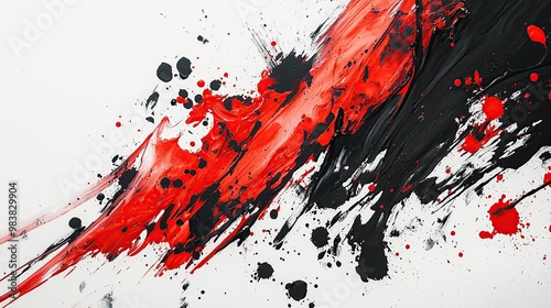 Abstract art with red and black paint splatters on a white background.