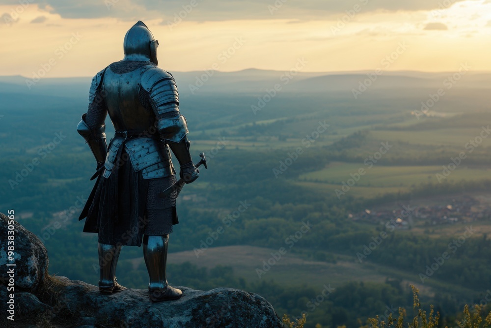 A knight in shining armor standing on a cliff overlooking a kingdom A knight in shining armor standing on a cliff overlooking a kingdom