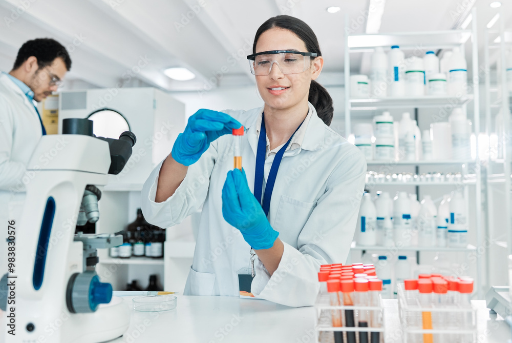 Woman, vial and microscope in laboratory for science, problem solving and solution at table. Scientist, testing or PPE in research facility for medicine engineering, healthcare or forensic innovation Woman, vial and microscope in laboratory for science, problem solving and solution at table. Scientist, testing or PPE in research facility for medicine engineering, healthcare or forensic innovation
