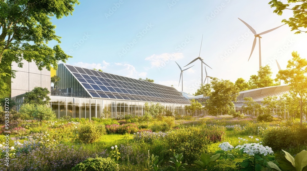 Sustainable Factory in a Green Landscape, solar panels, turbines, fabriek, Sustainable Factory in a Green Landscape, solar panels, turbines, fabriek,