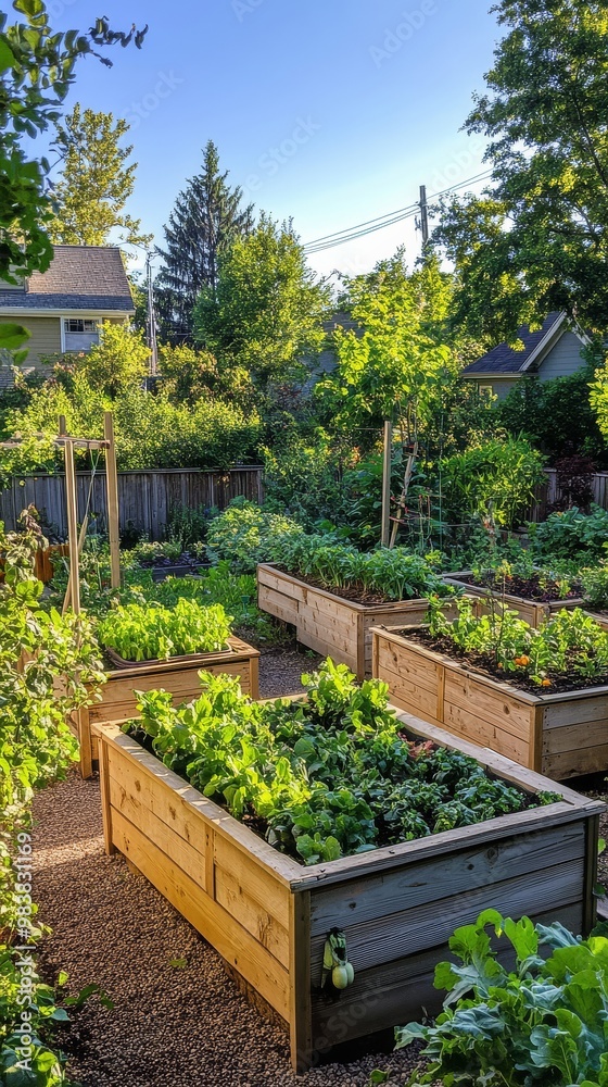 Lush raised beds overflow with fresh greens and vegetables in a sunny garden oasis Lush raised beds overflow with fresh greens and vegetables in a sunny garden oasis