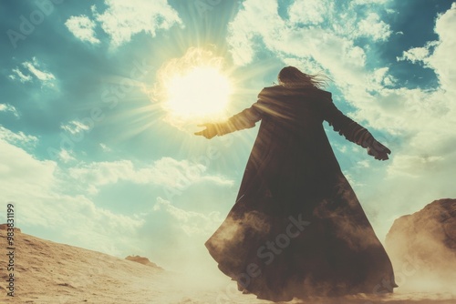 A sorcerer summoning an elemental being in a windy desert