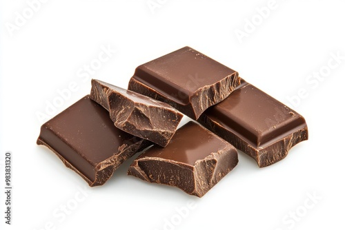 Several pieces of milk chocolate bars isolated on white background