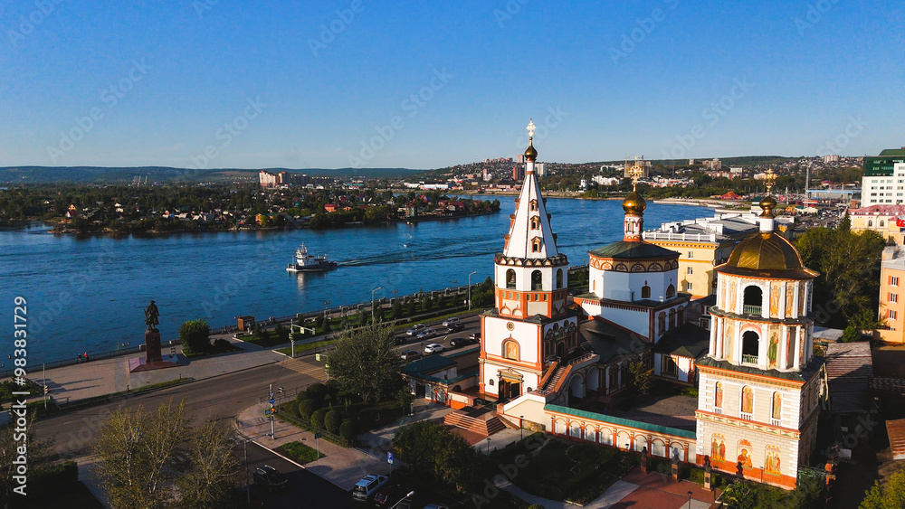 Samolepka Epiphany Cathedral in Irkutsk at sunset, taken from a bird's-eye view drone