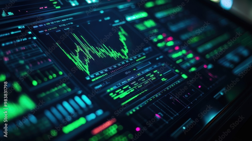 Close-up of digital screen on trader's desk showing complex AI-driven financial model with charts and data illuminated with green neon light. Close-up of digital screen on trader's desk showing complex AI-driven financial model with charts and data illuminated with green neon light.