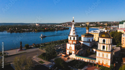 Canvas Print Epiphany Cathedral in Irkutsk at sunset, taken from a bird's-eye view drone