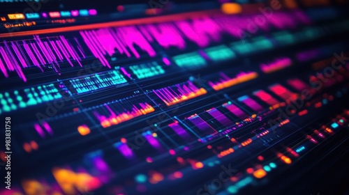 A close-up of a digital audio workstation screen displaying AI-generated music scores, glowing in vibrant neon colors against a dark background