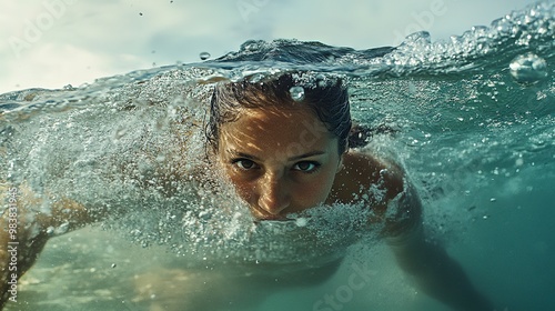 a mid-adult woman swimming in the sea