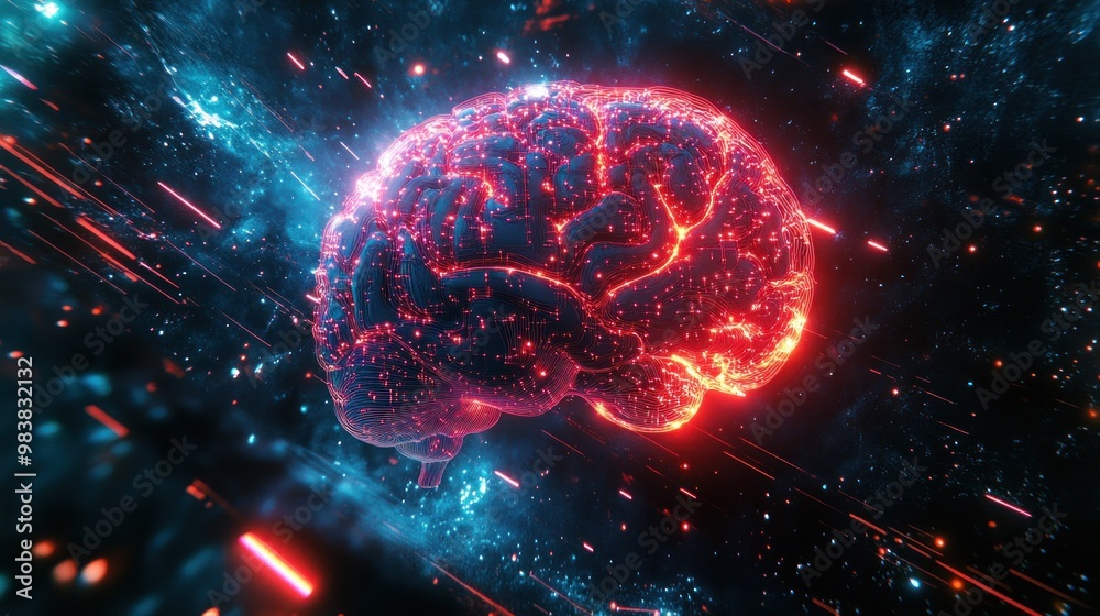 A conceptual image of an AI brain interfaced with a space telescope, processing cosmic data to uncover mysteries of the universe, highlighted by neon circuitry