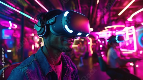 A group of people in a VR arcade, each wearing headsets and engaged in different virtual experiences, illuminated by vibrant neon colors from overhead lights