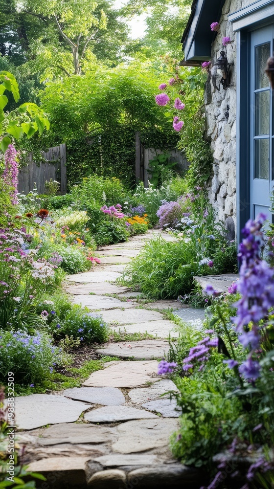 Fototapeta premium Delicate blooms surround a winding stone path leading to a cozy cottage inviting serenity