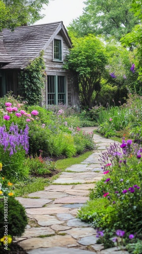 A charming garden with colorful flowers and a stone path to a cozy cottage