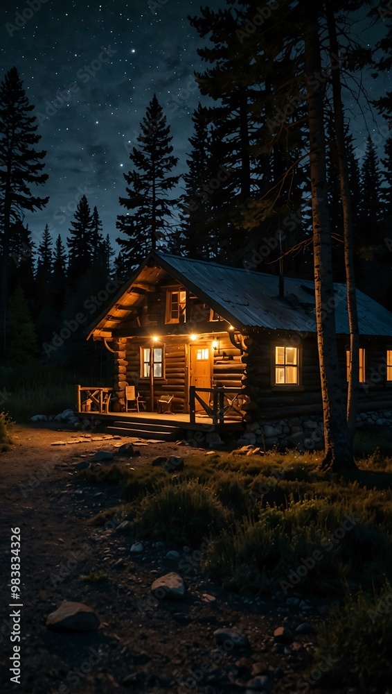 Cozy cabin glowing in the wilderness at night. Cozy cabin glowing in the wilderness at night.