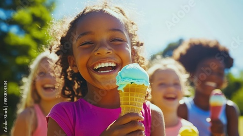 Children enjoying colorful ice cream cones in a sunny park, sharing a moment of summer joy
