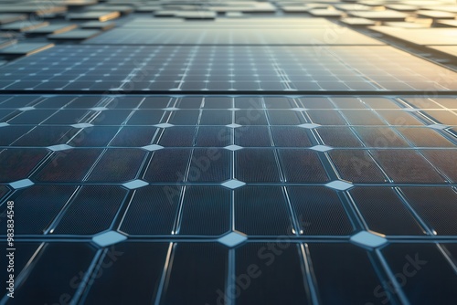 Close-up of solar panels in a grid pattern capturing sunlight. Renewable energy technology for sustainable and clean power generation.