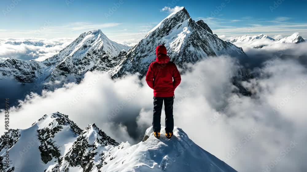 A hiker enjoys breathtaking mountain views from a snowy peak surrounded by clouds on a clear day A hiker enjoys breathtaking mountain views from a snowy peak surrounded by clouds on a clear day