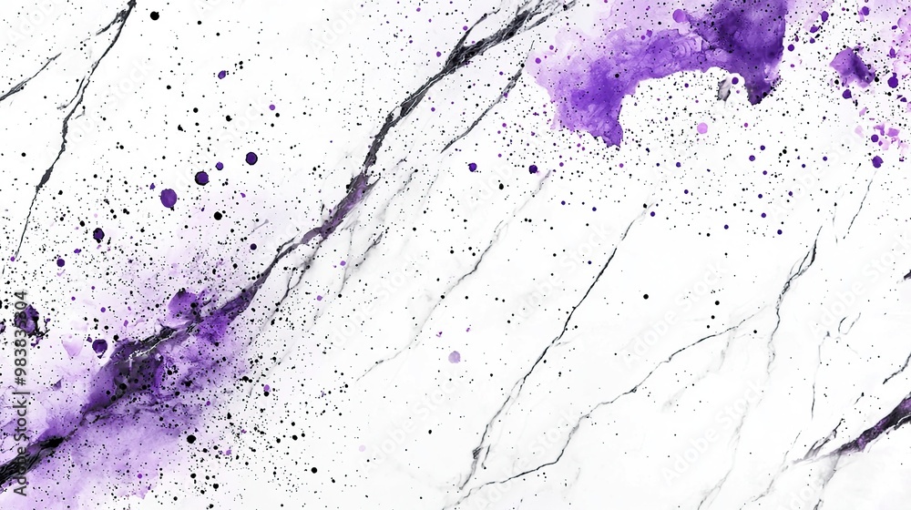 Fototapeta premium Abstract purple and black paint splatter on white marble background.