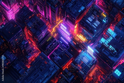 Futuristic cityscape with neon lights showcasing abstract urban architecture, vibrant colors, and a cyberpunk aesthetic, viewed from above.