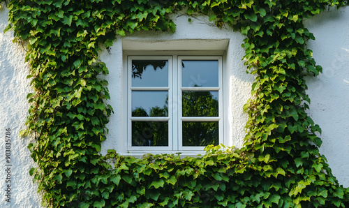 White window covered with green ivy. Concepts of conservation and adaptation