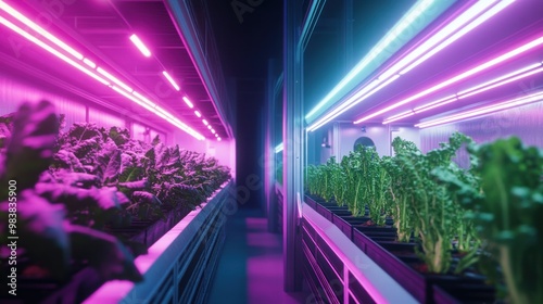 A vertical farm in an urban setting  where leafy greens grow under neon lights controlled by AI to ensure optimal lighting conditions for each plant species