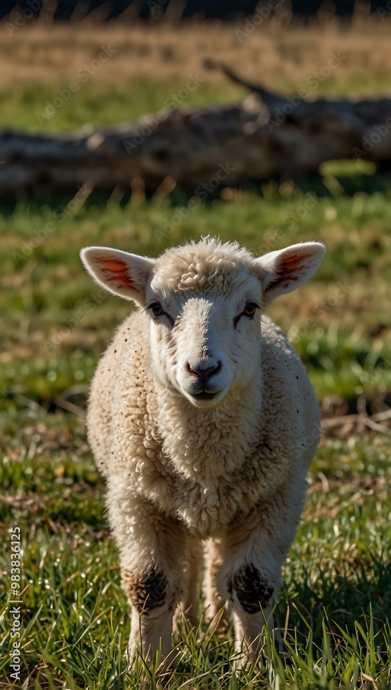 Curious lamb chewing fresh grass in a warm country field. Curious lamb chewing fresh grass in a warm country field.