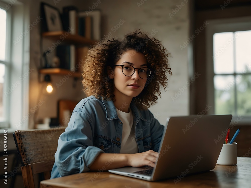 Curly-haired woman with glasses working on a laptop in a cozy space. Curly-haired woman with glasses working on a laptop in a cozy space.